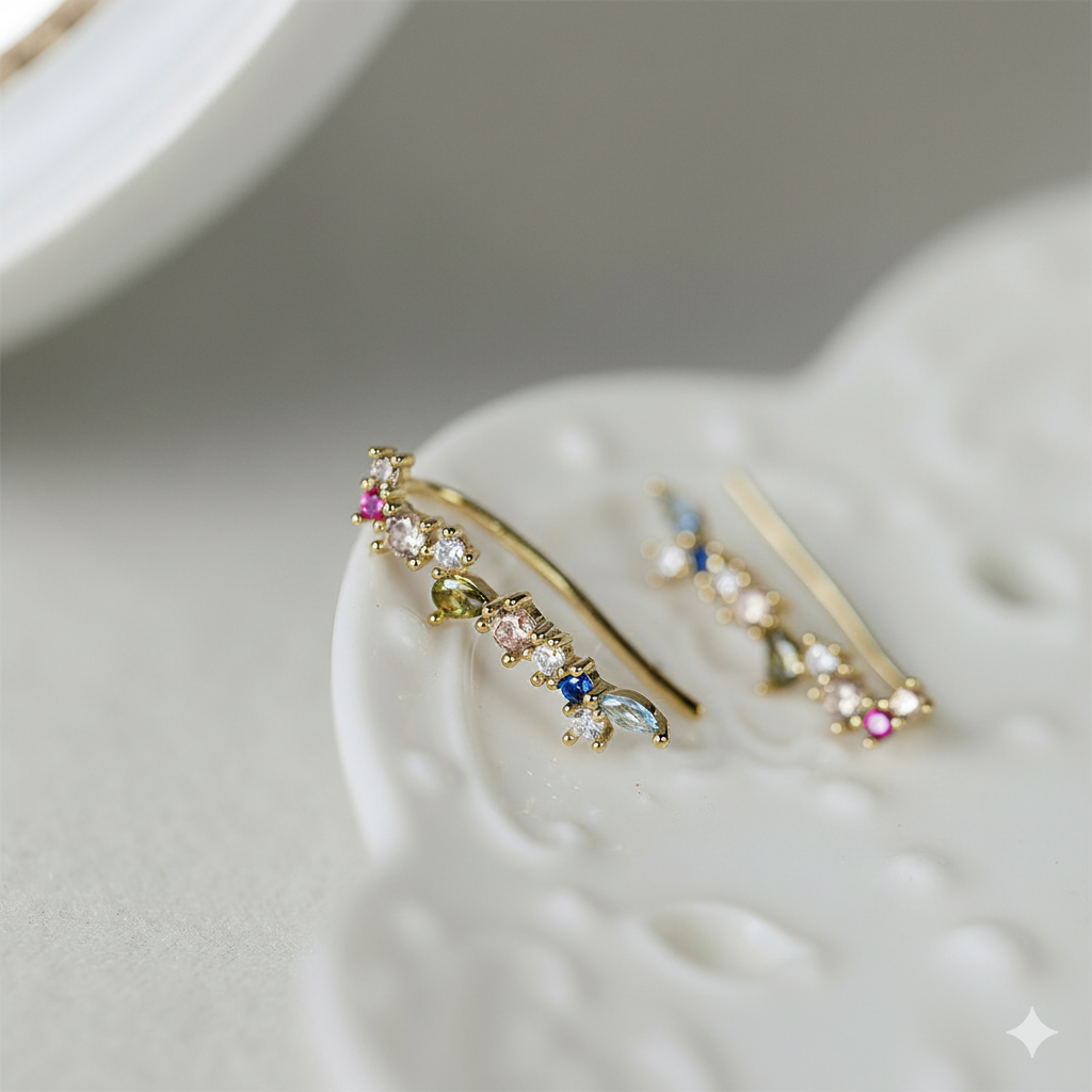 Arete dorado elegante con piedra zirconias en colores verde, morado, azul, rojo, tipo ear climbers.