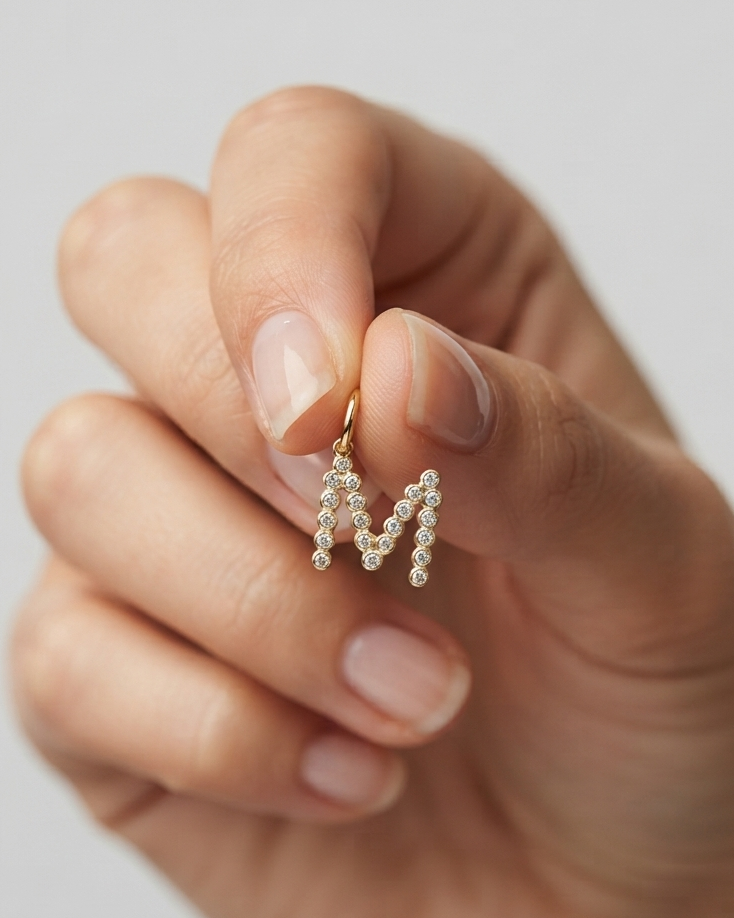 Dije Colgante de Letra "M" con Circonitas en Tono Dorado