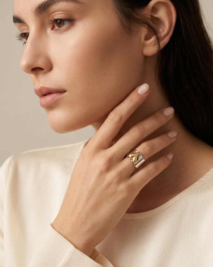 Anillo bicolor de corazón de tipo ajustable
