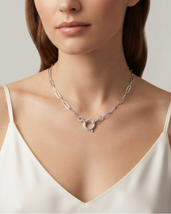 Collar Eslabones y Cierre Frontal Plateado