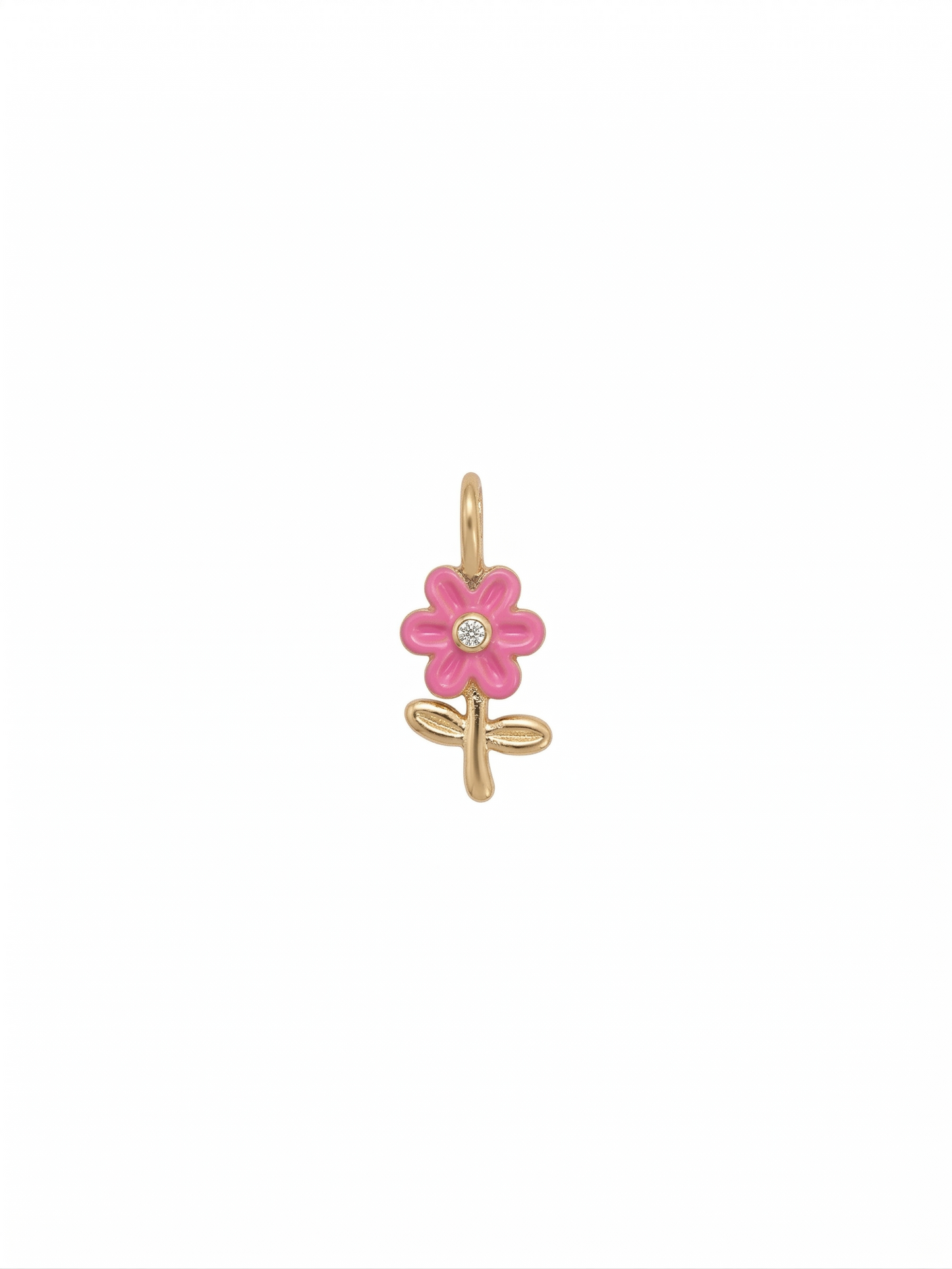 Dije de flor silvestre en esmalte rosa con centro de cristal