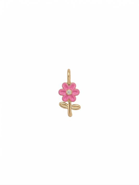 Dije de flor silvestre en esmalte rosa con centro de cristal