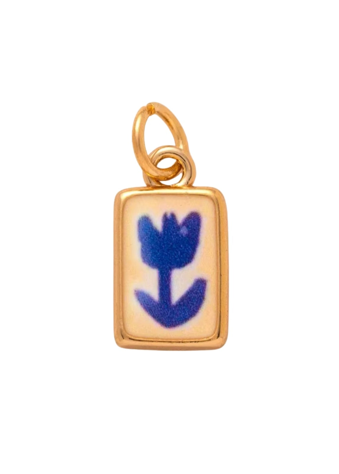 Dije rectangular color blanco con dorado con flor pintada color azul