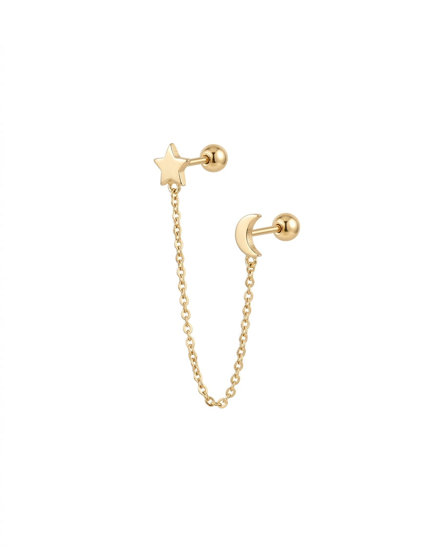 Arete de Broquel con Cadena de Luna y Estrella