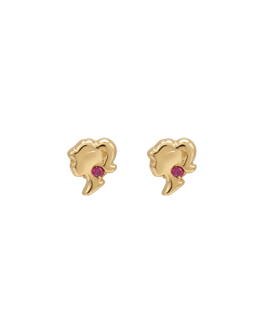 Arete tipo broquel silueta Barbie con cristal rosa en oro 10k