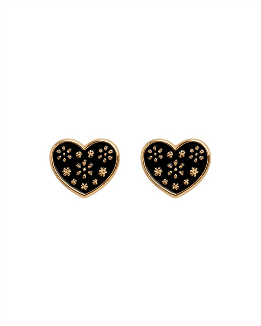 Arete tipo broquel de corazón negro con flores doradas en oro 10k