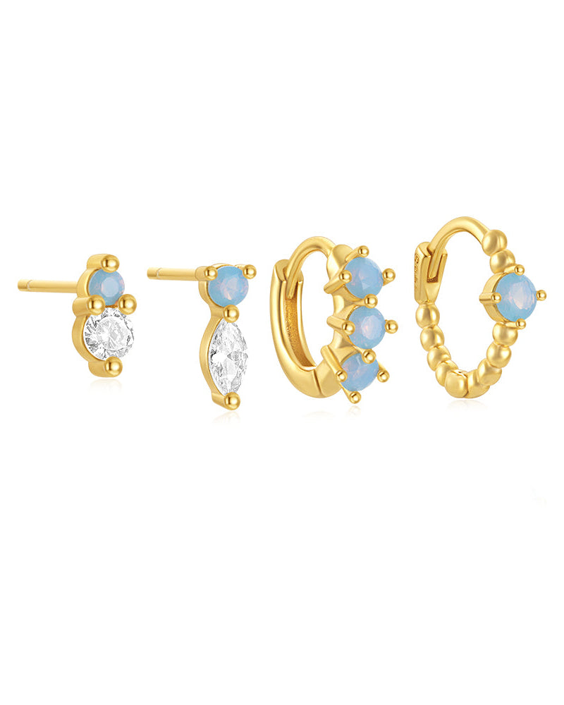 Conjunto de aretes con piedra zirconia en color azul, tipo huggie y studs