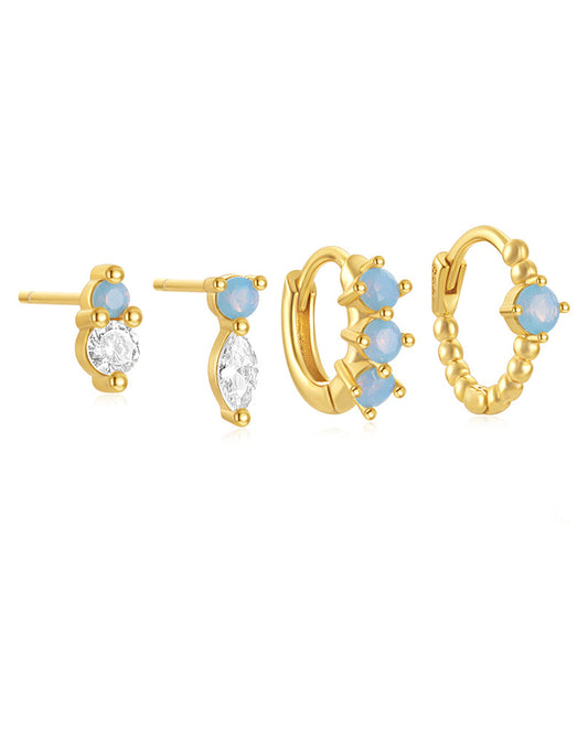 Conjunto de aretes con piedra zirconia en color azul, tipo huggie y studs