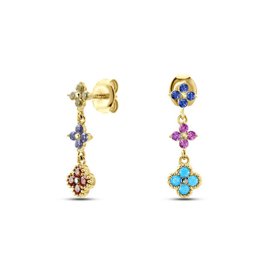 Arete de flores y trébol, con piedra zirconias en colores verde, morado, azul, rojo.