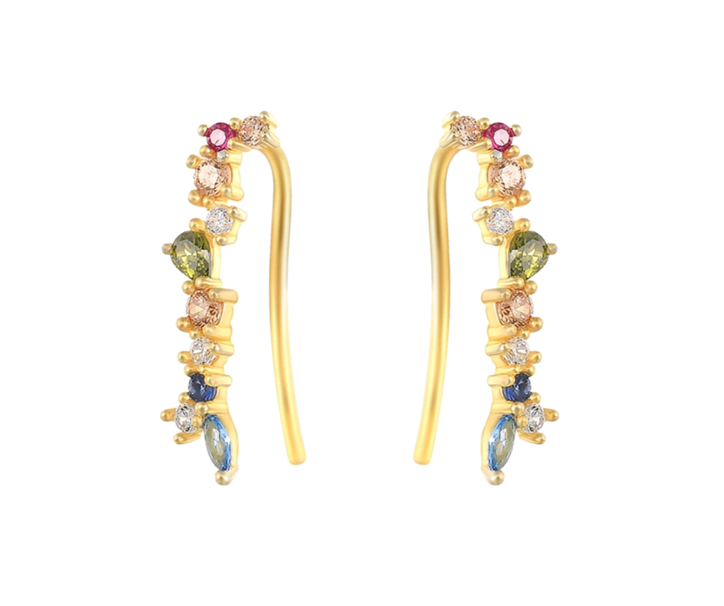 Arete dorado elegante con piedra zirconias en colores verde, morado, azul, rojo, tipo ear climbers.