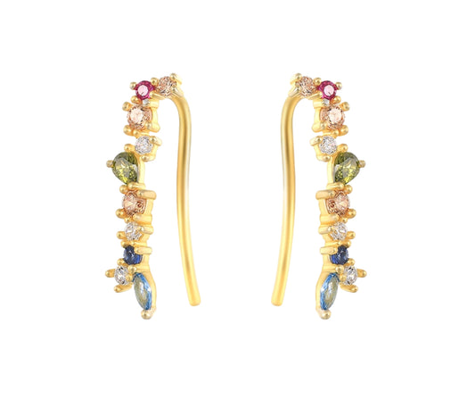 Arete dorado elegante con piedra zirconias en colores verde, morado, azul, rojo, tipo ear climbers.