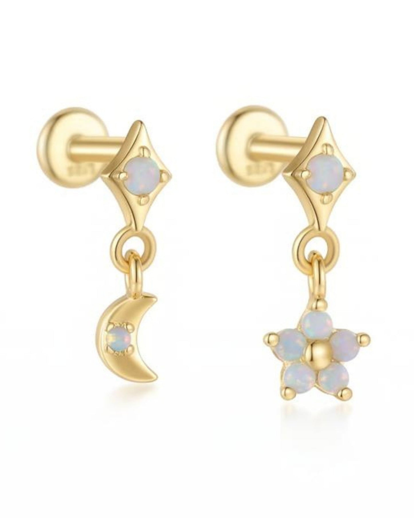 Aretes colgantes asimétricos de luna y estrella