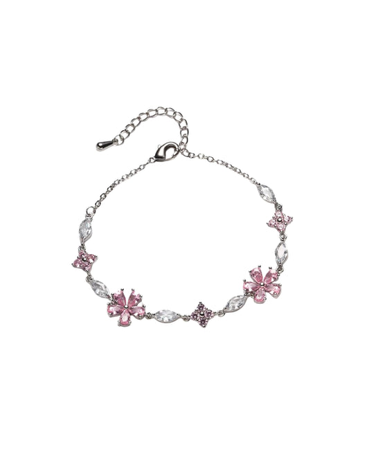 Pulsera Plateada de Flores con Cristales