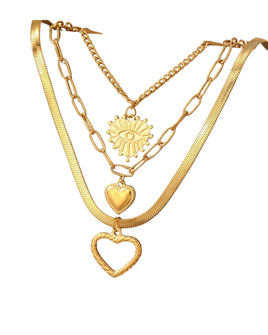 Juego de collares con diseño de corazones y ojo turco, color dorado