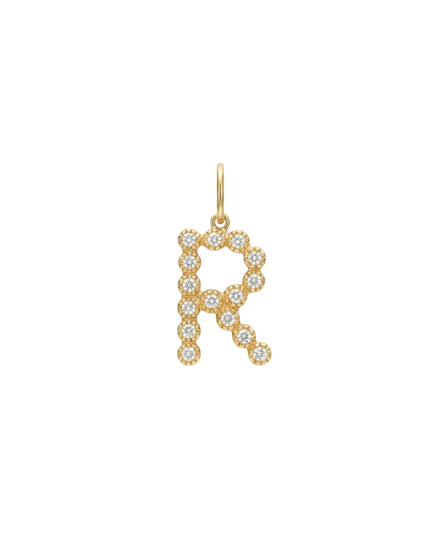 Dije Colgante de Letra "R" con Circonitas en Tono Dorado