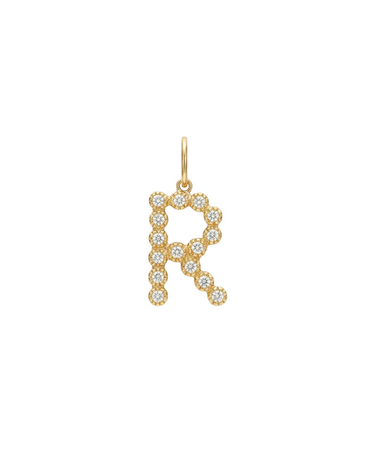 Dije Colgante de Letra "R" con Circonitas en Tono Dorado