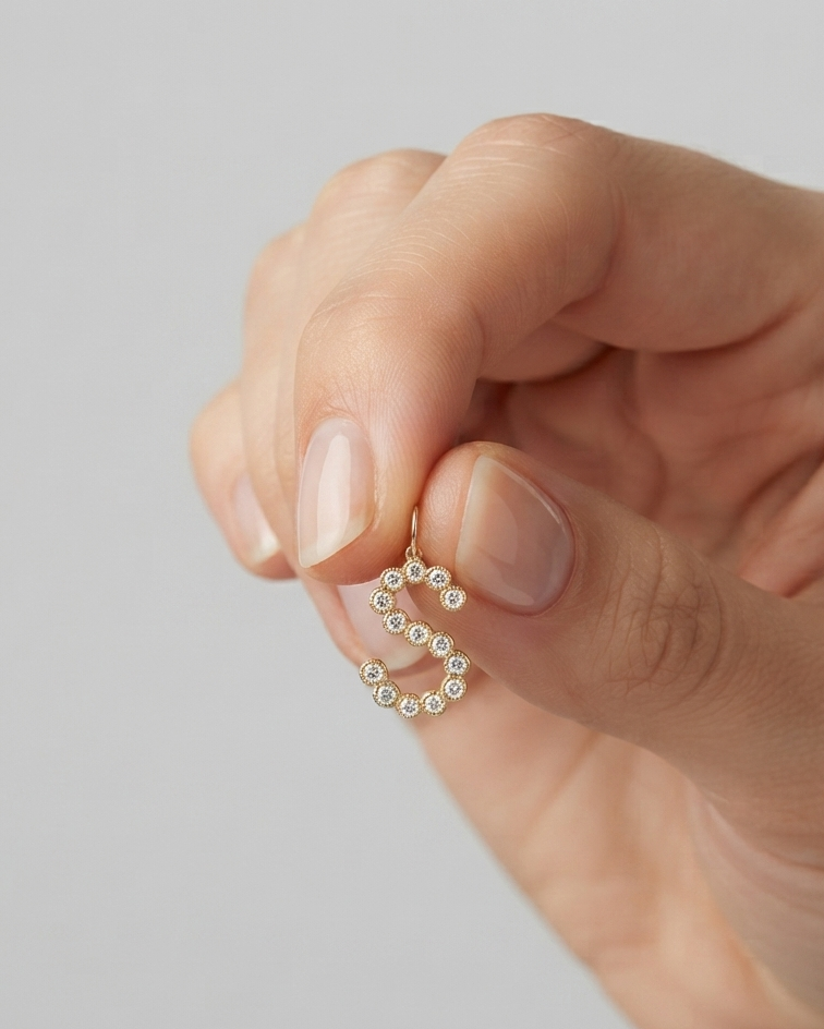 Dije Colgante de Letra "S" con Circonitas en Tono Dorado