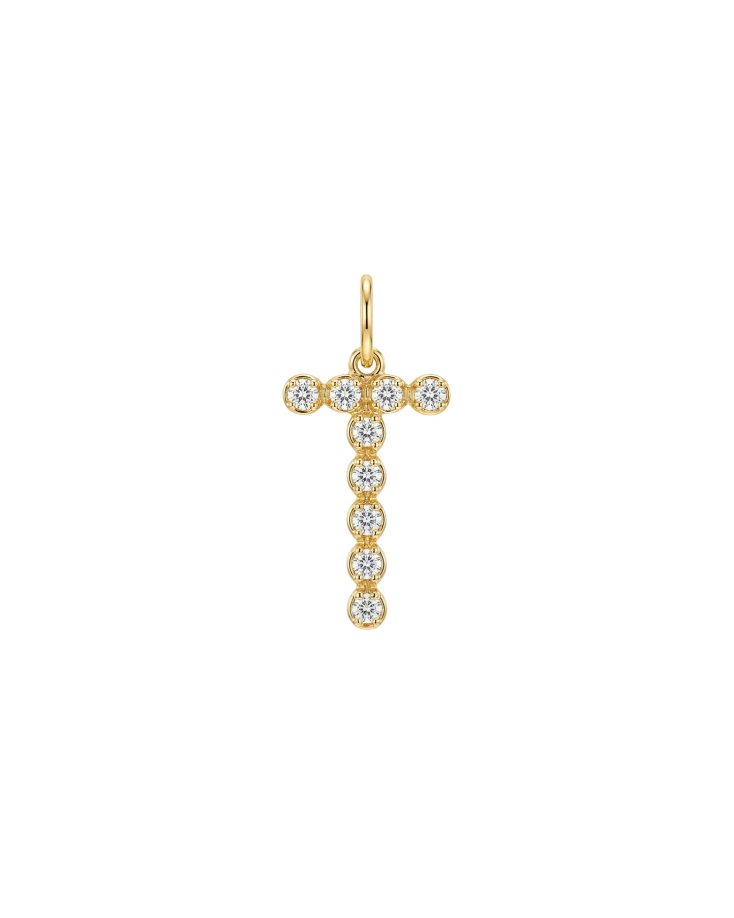 Dije Colgante de Letra "T" con Circonitas en Tono Dorado
