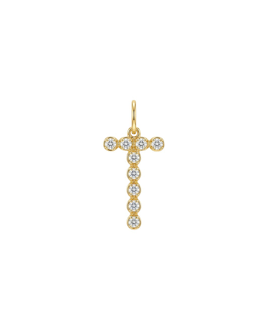 Dije Colgante de Letra "T" con Circonitas en Tono Dorado