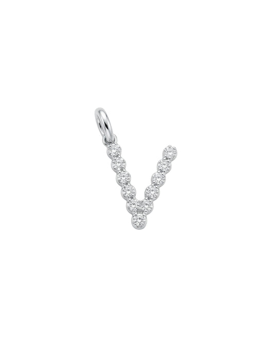 Dije Colgante de Letra "V" con Circonitas en Tono Plateado
