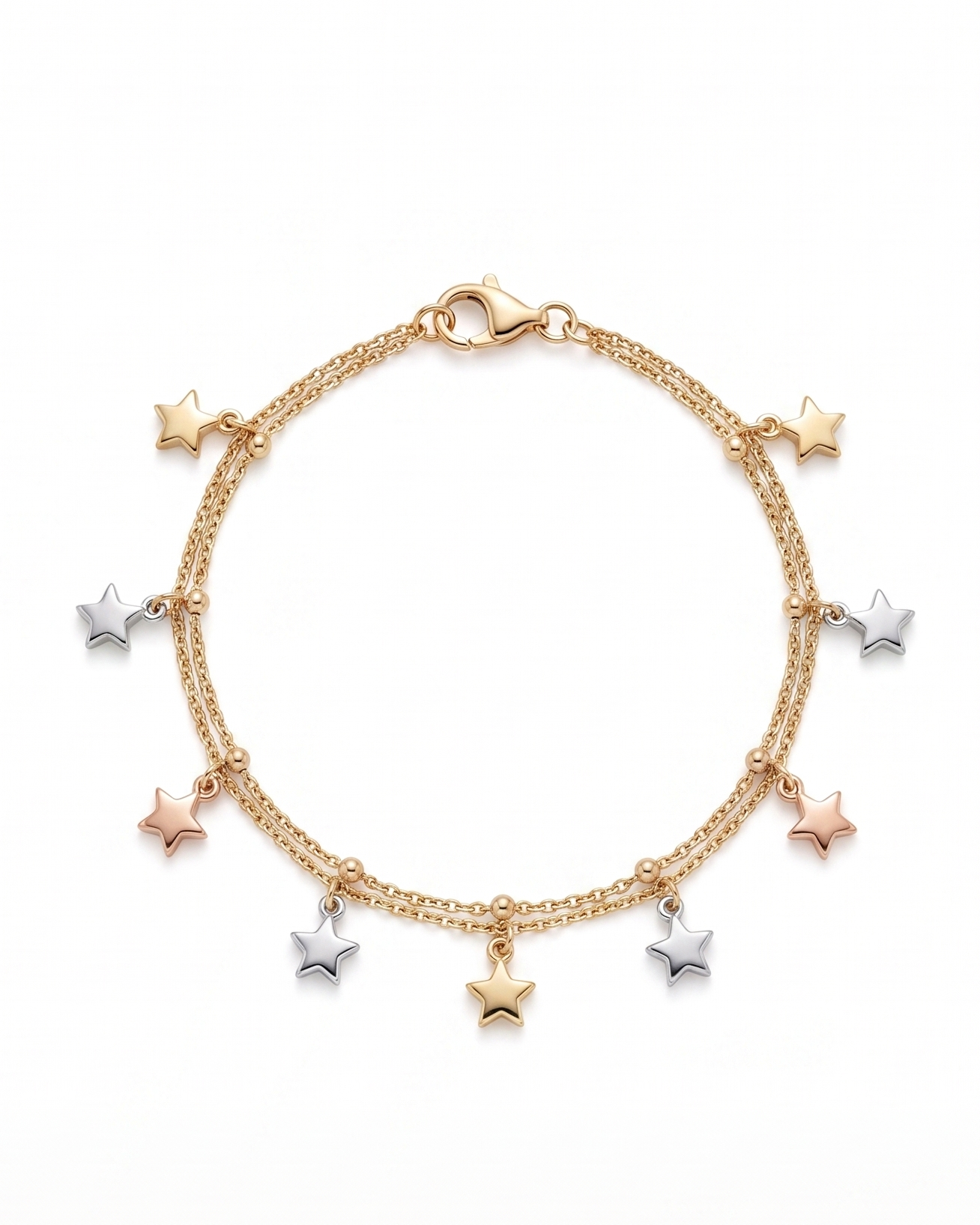Pulsera de doble cadena con estrellas tricolor en oro 10K
