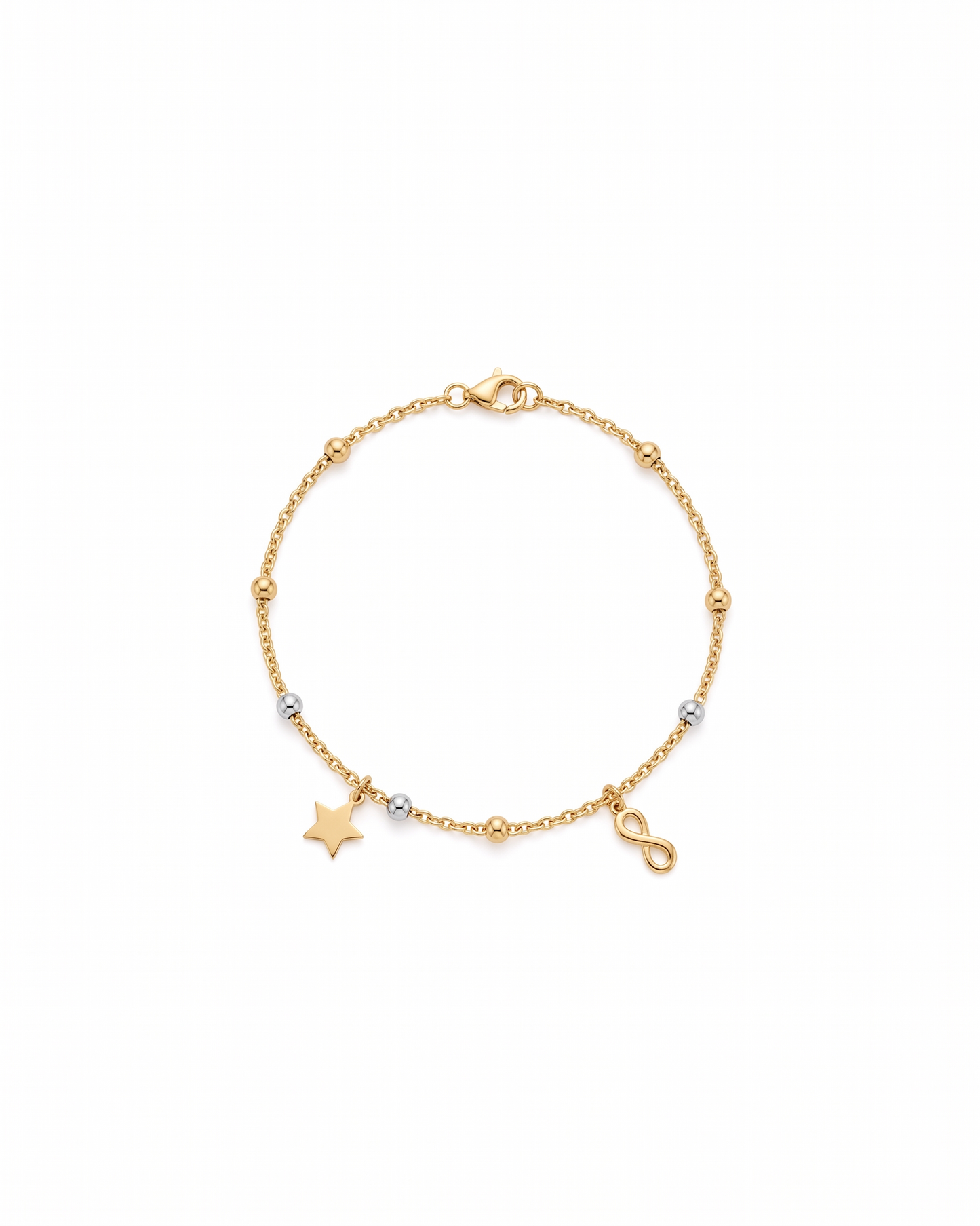 Pulsera de cadena fina con estrella, infinito y esferas en oro 10K