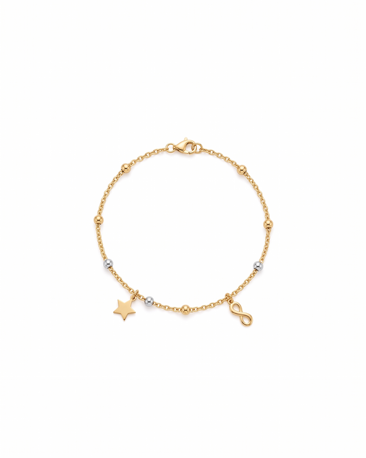 Pulsera de cadena fina con estrella, infinito y esferas en oro 10K