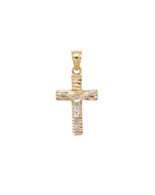 Dije de Cruz en Oro 10K Bicolor Oro Blanco y Dorado con Textura de Corteza