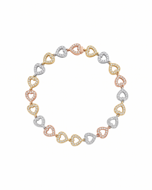 Pulsera tricolor de corazones entrelazados en oro 10K