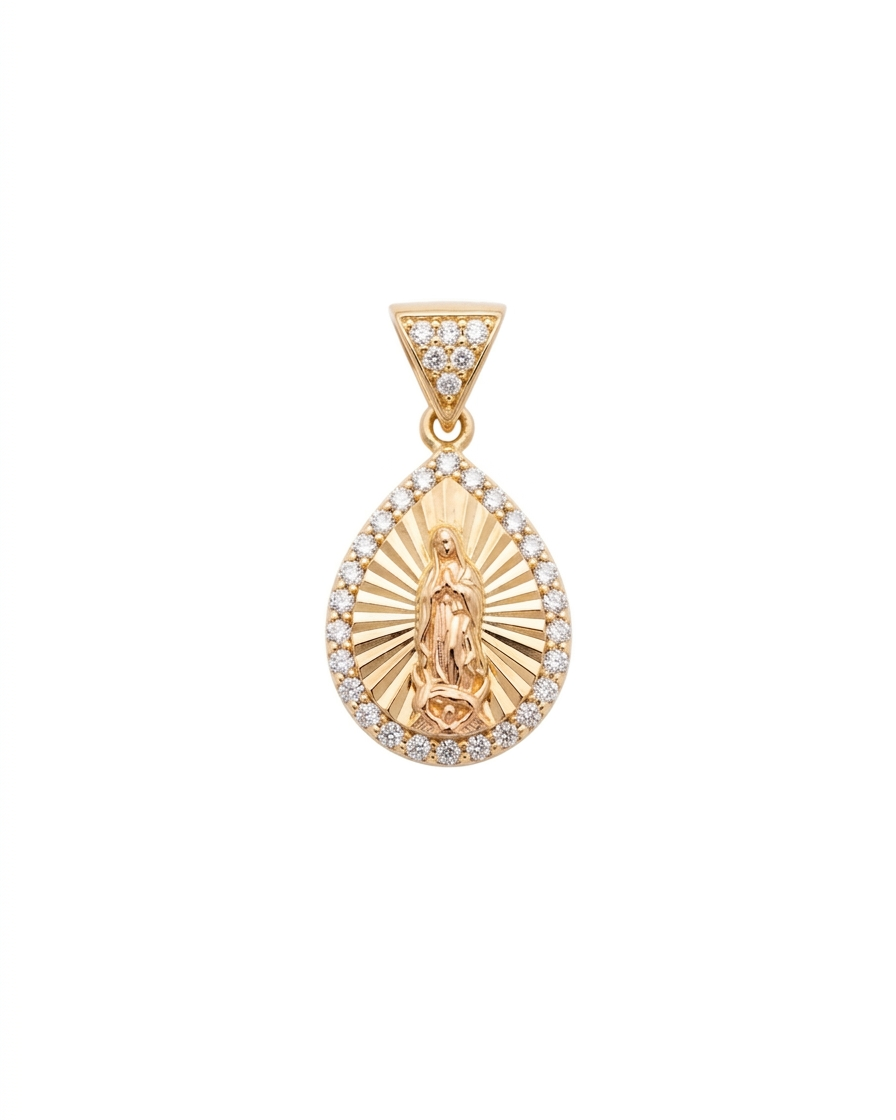 Dije Virgen de Guadalupe Silueta Gota en Oro 10K con Circonias