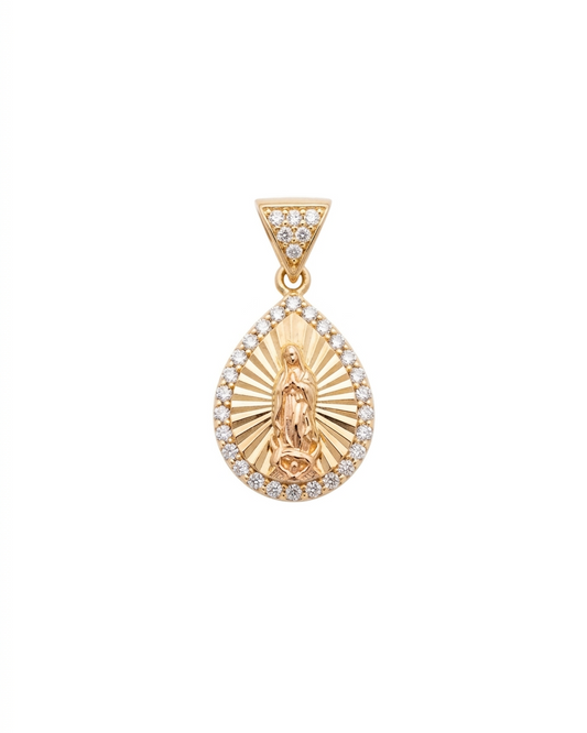 Dije Virgen de Guadalupe Silueta Gota en Oro 10K con Circonias