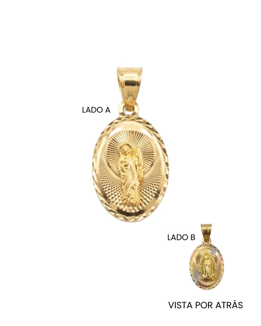 Dije Doble Vista con Virgen de Guadalupe Tres Oros y San Judas en Oro 14K