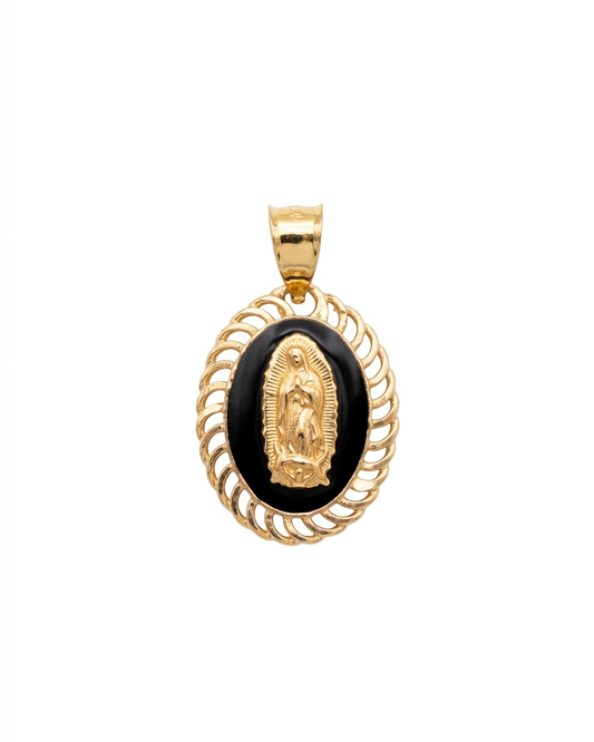 Dije de la Virgen de Guadalupe en Oro 14K con Ónix Negro