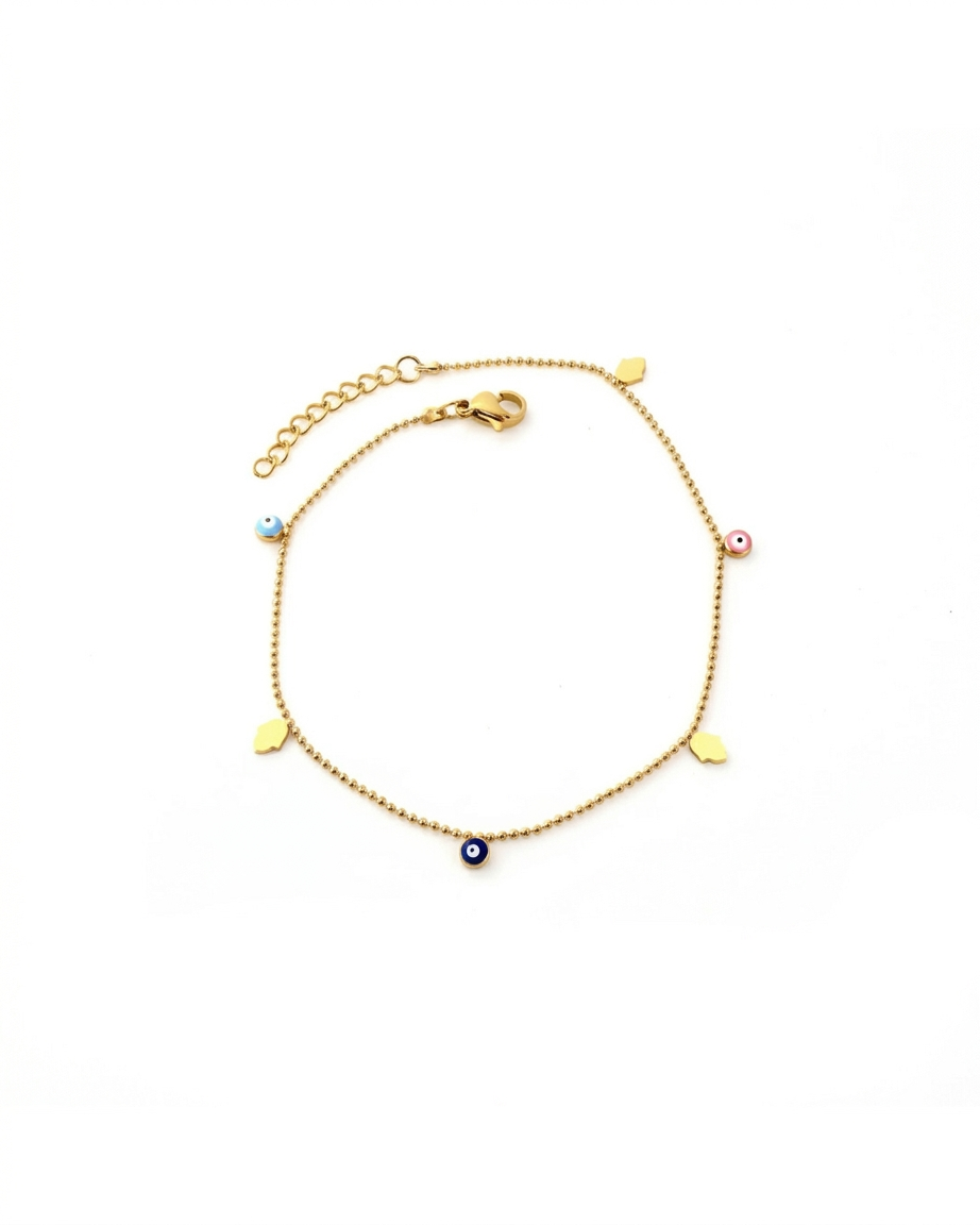Pulsera dorada de ojo turco y mano hamsa en color azul, celeste y rosa