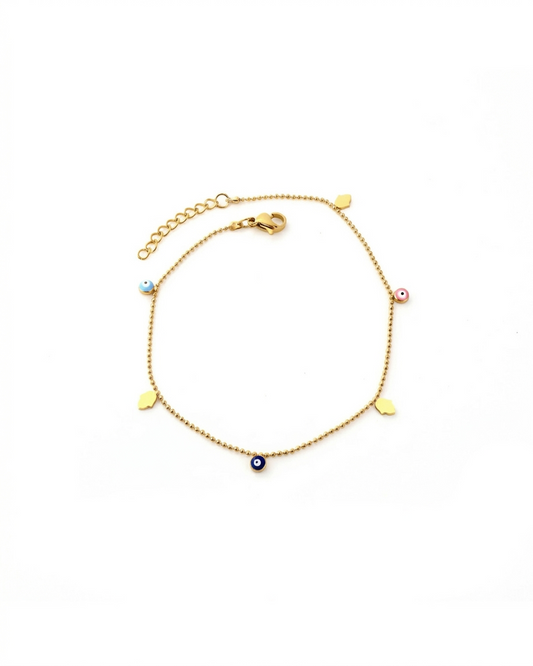 Pulsera dorada de ojo turco y mano hamsa en color azul, celeste y rosa