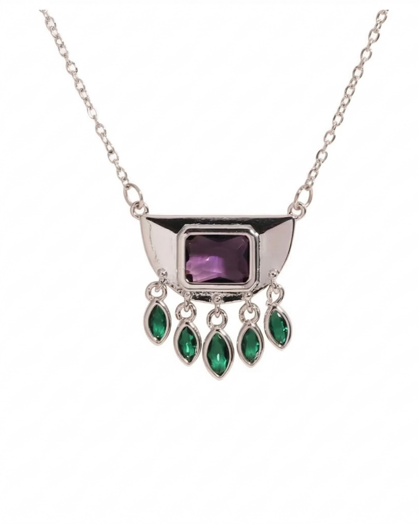 Collar largo plateado con piedras colgantes moradas y verdes