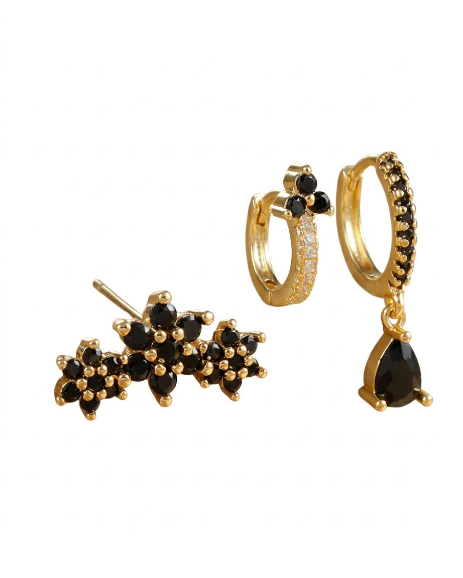 Conjunto de aretes de zirconia color negro tipo huggie y studs
