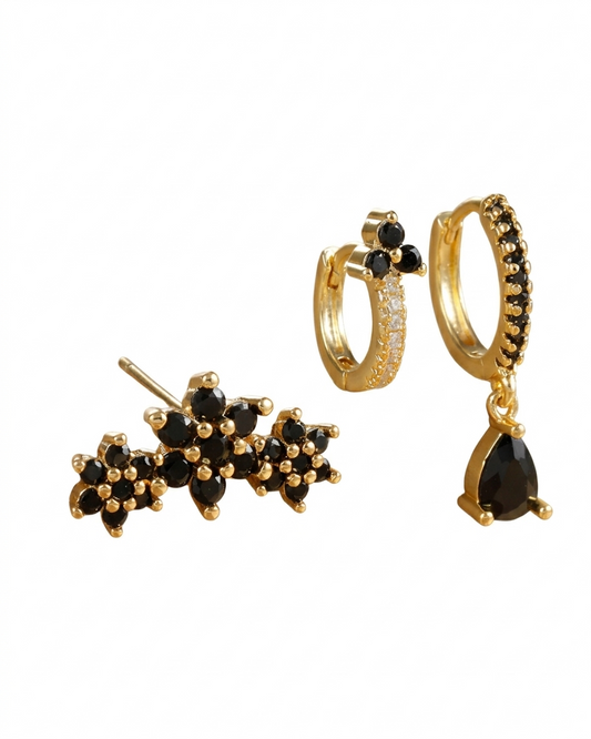Conjunto de aretes de zirconia color negro tipo huggie y studs