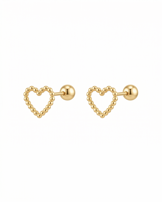 Arete tipo broquel de corazón con textura de bolitas en oro 10k