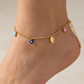 Pulsera dorada de ojo turco y mano hamsa en color azul, celeste y rosa