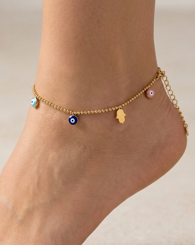 Pulsera dorada de ojo turco y mano hamsa en color azul, celeste y rosa