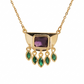 Collar largo dorado con piedras colgantes moradas y verdes