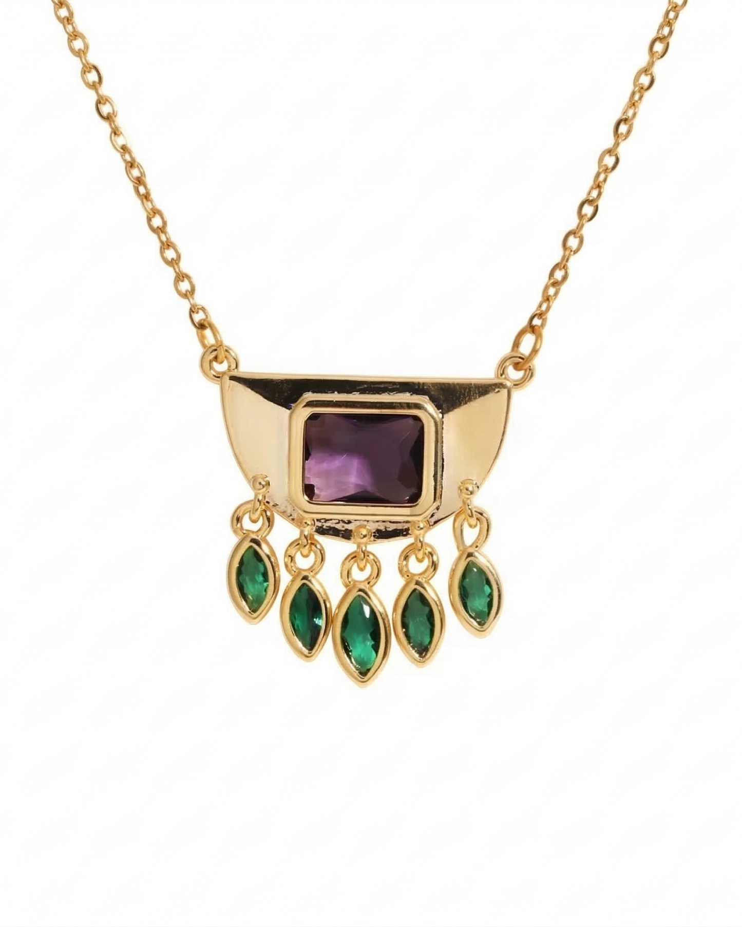 Collar largo dorado con piedras colgantes moradas y verdes