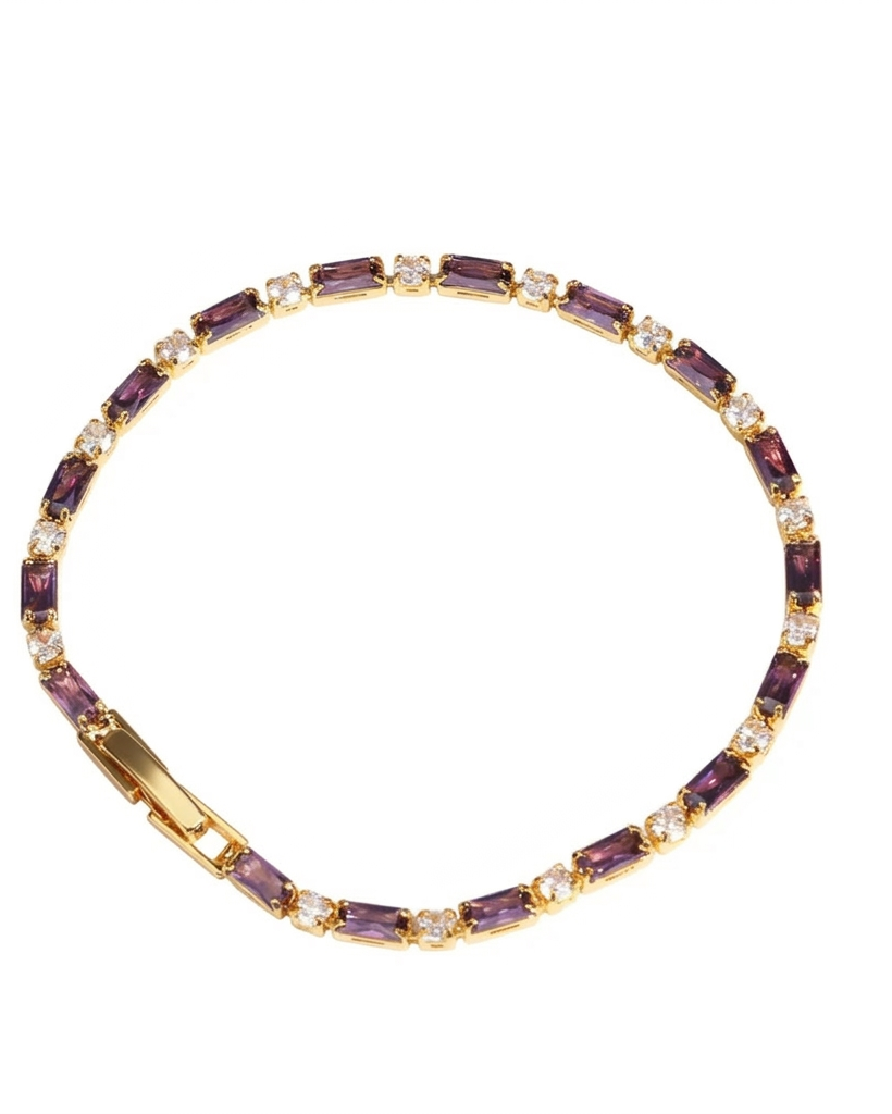 Pulsera dorada delicada estilo tennis con piedras moradas