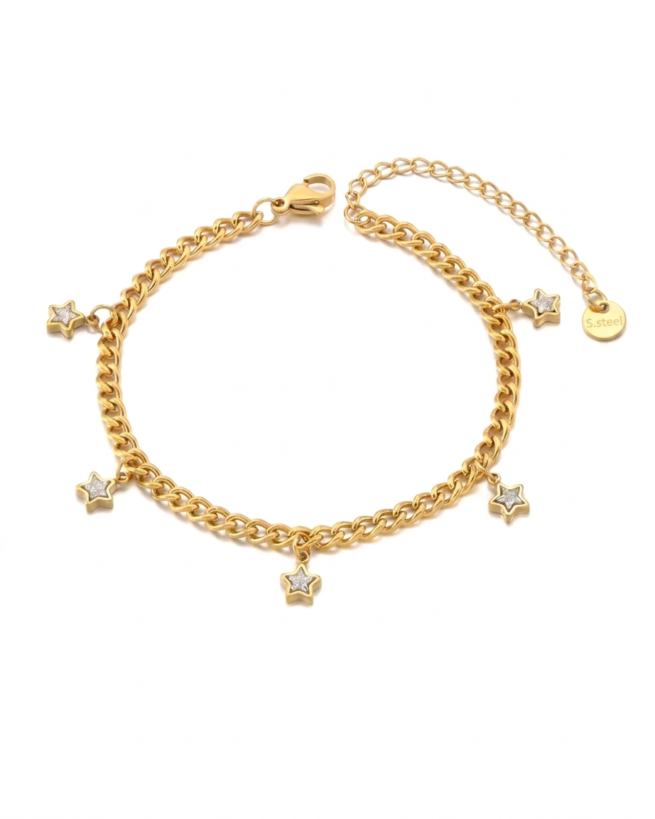 Pulsera de cadena dorada con dijes de estrella y destellos