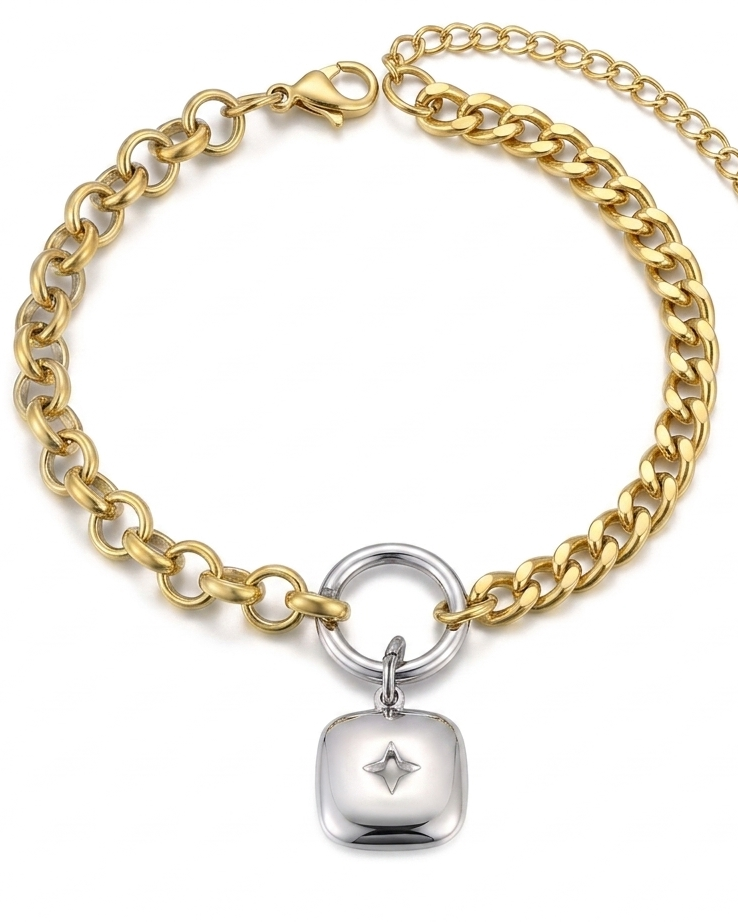 Pulsera de Eslabones Mixtos Bicolor con Medallón