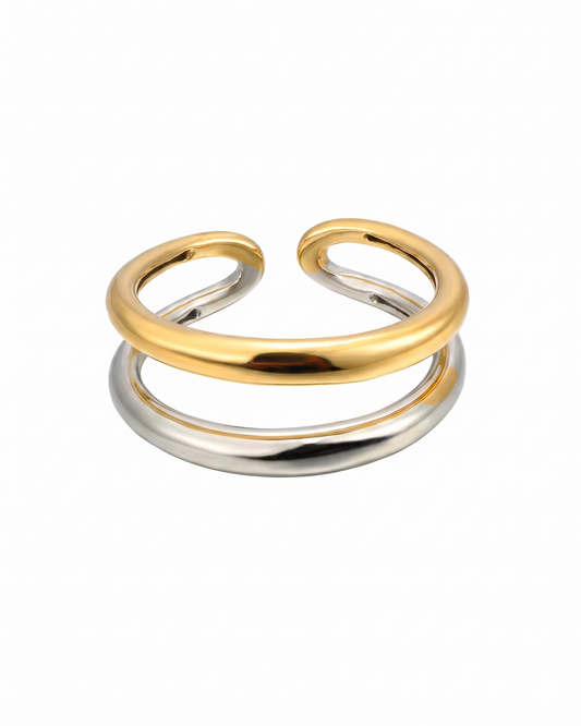 Anillo de doble banda bitono con silueta minimalista