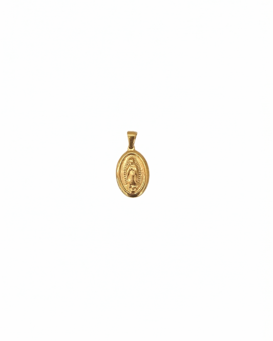 Medalla de la Virgen de Guadalupe en relieve color dorado