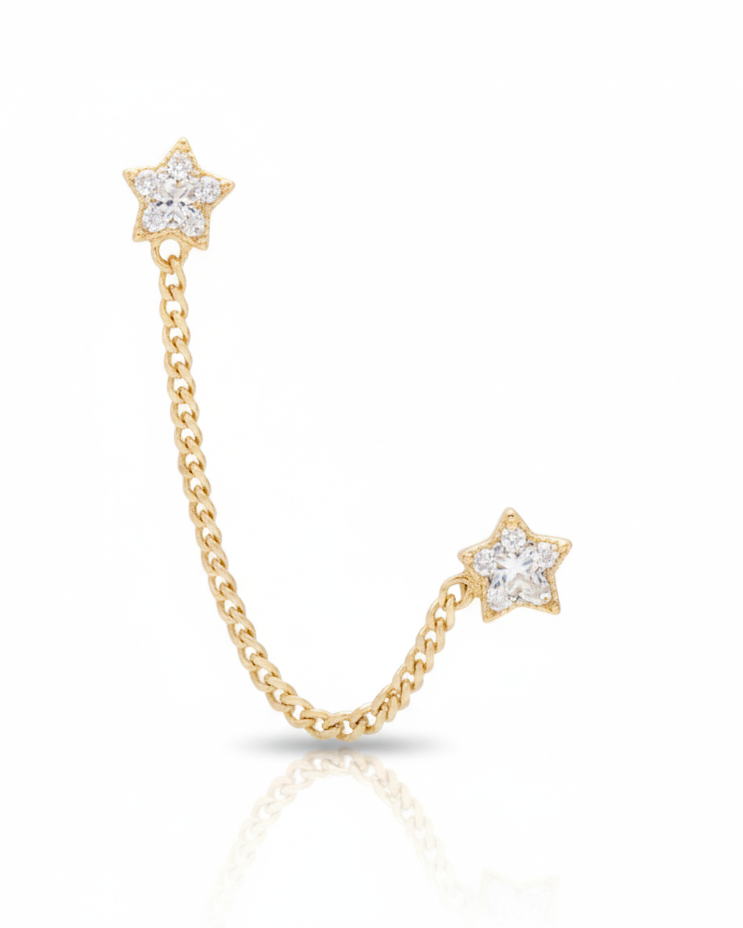 Arete tipo broquel doble de estrellas con cadena colgante y circonias