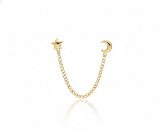 Arete de luna y estrella con zirconia, de tipo piercing colgante, elaborado en oro de 10K.